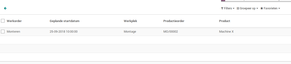Odoo Productie Overzicht van geplande orders op een bewerking